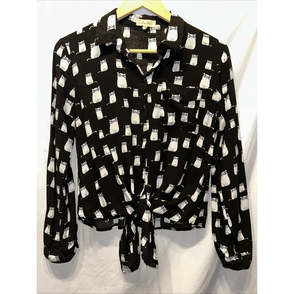 Love Notes Womens Med Shirt Cat Print Roll Tab Sleeve Button Up Tie Front Whimsy